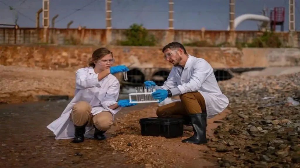 Scientists collecting and analyzing water samples for wastewater bioremediation research at riverbank