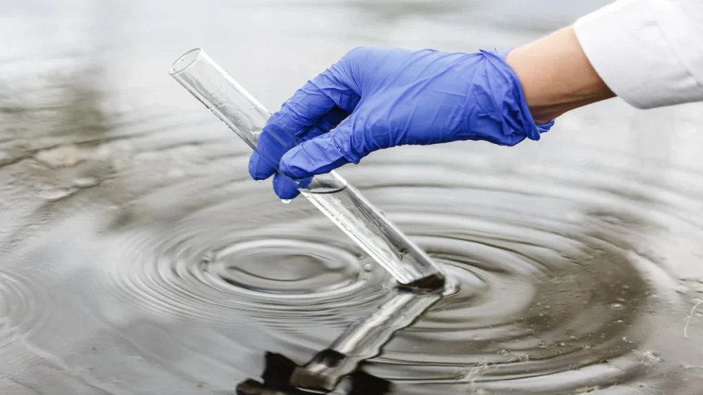 A gloved hand collects a water sample from a pond using a glass test tube, illustrating laboratory analysis for bioremediation in eco-friendly wastewater treatment.