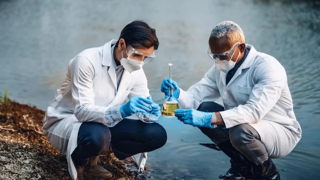 Scientists in lab coats and gloves collect water samples at a lakeshore for stp bio culture analysis and treatment research