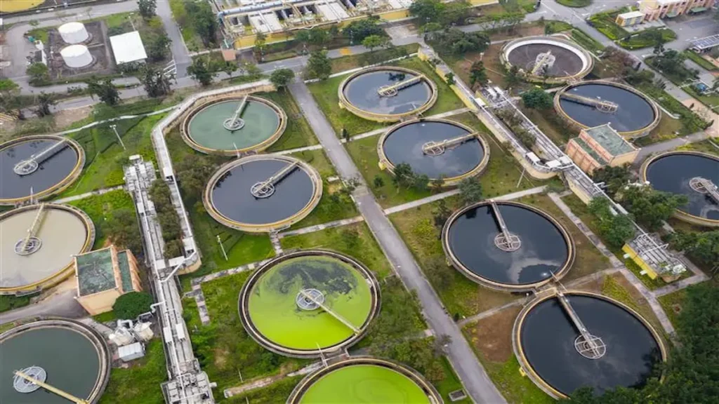Aerial view of bioremediation wastewater treatment plant with circular treatment tanks